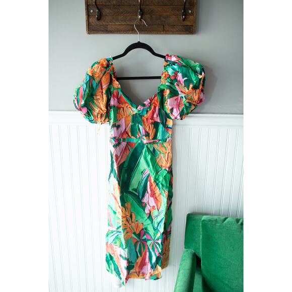 FARM Rio Multicolor Banana Foliage Puff Sleeve Midi Dress XS NEW - Picture 2 of 5
